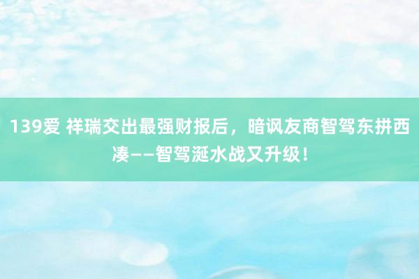 139爱 祥瑞交出最强财报后，暗讽友商智驾东拼西凑——智驾涎水战又升级！